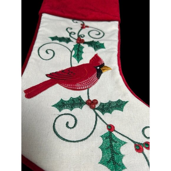 Christmas Stocking Applied Cardinal Bird Beaded 19" Red Velvet - Picture 2 of 7